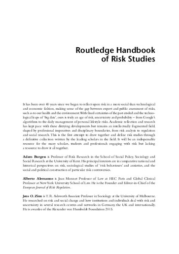 Routledge Handbook Of Risk Studies Adam Burgess Alberto Alemanno Jens Zinn
