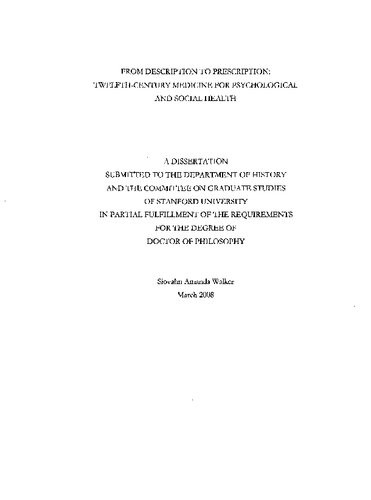 From Description To Prescription Twelfthcentury Medicine For Psychological And Social Health Siovahn Amanda Walker