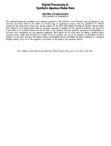 Digital Processing Of Synthetic Aperture Radar Data Algorithms And Implementation Ian G Cumming
