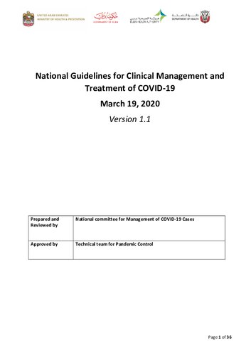 National Guidelines For Clinical Management And Treatment Of Covid19 March 19 2020 Version 11 National Committee For Management Of Covid19 Cases Dubai Health Authority