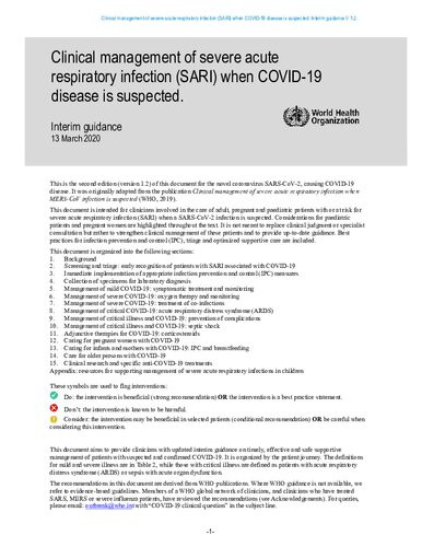 Clinical Management Of Severe Acute Respiratory Infection Sari When Covid19 Disease Is Suspected Interim Guidance V12 13 March 2020 World Health Organization
