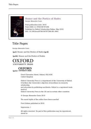Homer And The Poetics Of Hades George Alexander Gazis