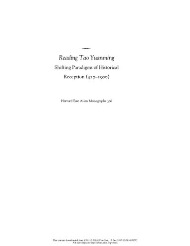 Reading Tao Yuanming Shifting Paradigms Of Historical Reception Wendy Swartz