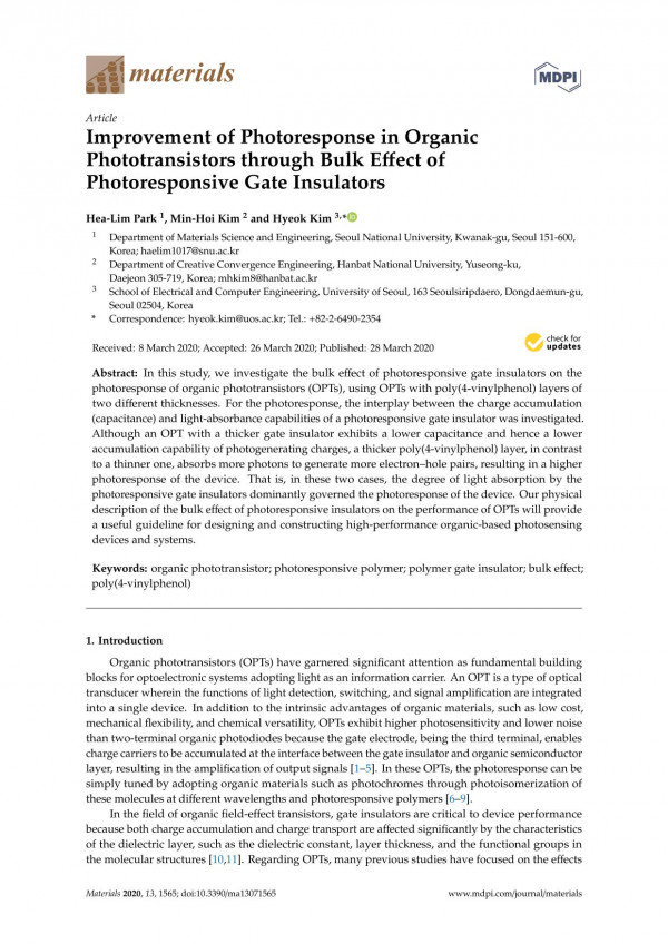 Improvement Of Photoresponse In Organic Phototransistors Through Bulk Effect Of Photoresponsive Gate Insulators Healim Park
