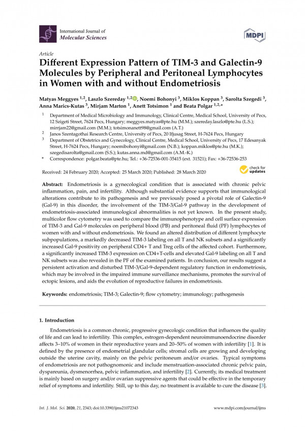 Different Expression Pattern Of Tim3 And Galectin9 Molecules By Peripheral And Peritoneal Lymphocytes In Women With And Without Endometriosis Matyas Meggyes