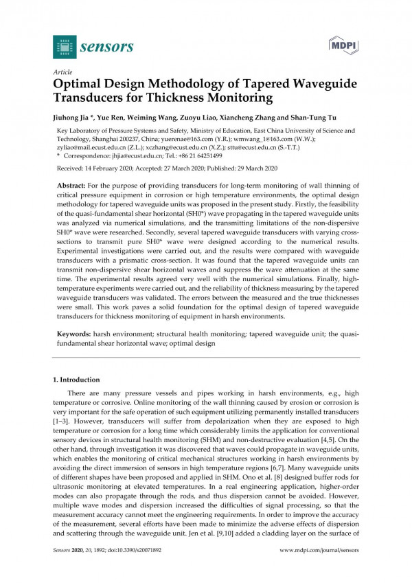 Optimal Design Methodology Of Tapered Waveguide Transducers For Thickness Monitoring Jiuhong Jia