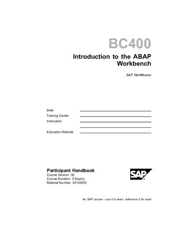 Bc400 Introduction To The Abap Workbench Sap Netweaver
