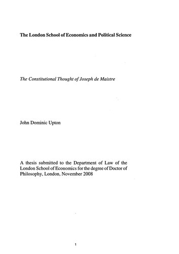 Constitutional Thought Of Joseph De Maistre John Upton