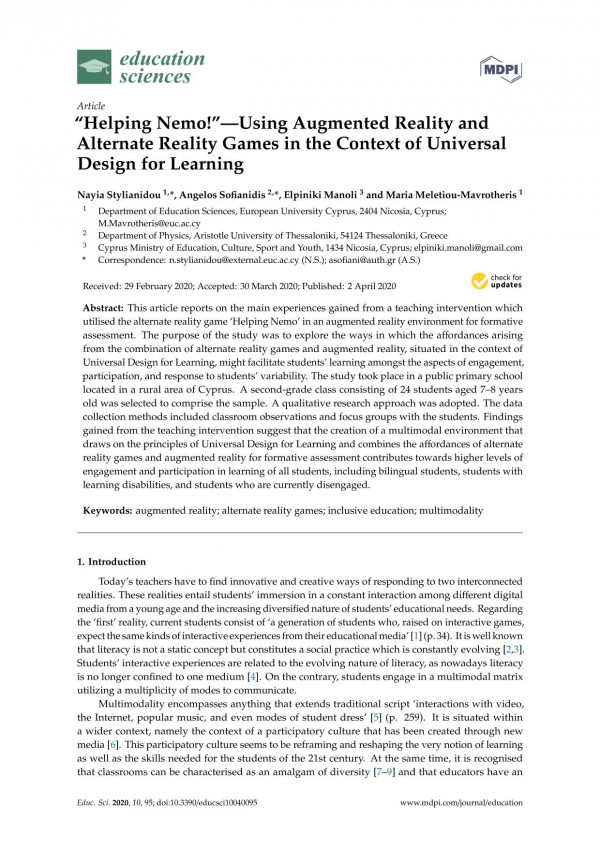 Helping Nemousing Augmented Reality And Alternate Reality Games In The Context Of Universal Design For Learning Nayia Stylianidou