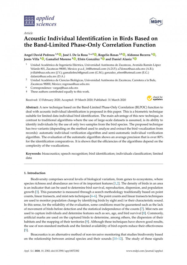 Acoustic Individual Identification In Birds Based On The Bandlimited Phaseonly Correlation Function Angel David Pedroza