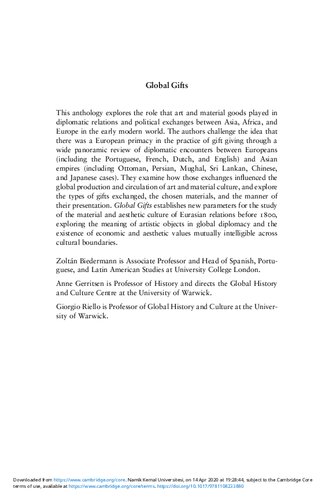 Global Gifts The Material Culture Of Diplomacy In Early Modern Eurasia Giorgio Riello Anne Gerritsen Zoltn Biedermann