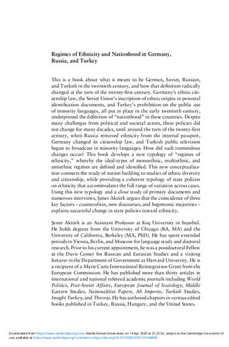 Regimes Of Ethnicity And Nationhood In Germany Russia And Turkey Sener Aktrk