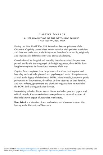 Captive Anzacs Australian Pows Of The Ottomans During The First World War Kate Ariotti