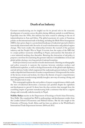 Death Of An Industry The Cultural Politics Of Garment Manufacturing During The Maoist Revolution In Nepal First Mallika Shakya