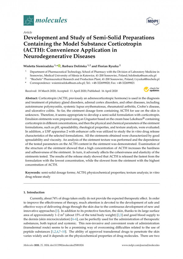 Development And Study Of Semisolid Preparations Containing The Model Substance Corticotropin Acth Convenience Application In Neurodegenerative Diseases Wioletta Siemiradzka