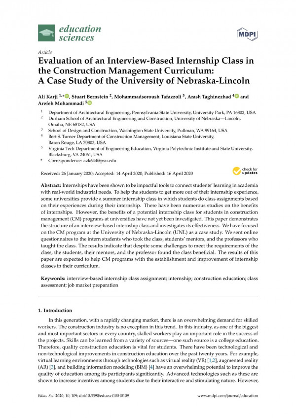 Evaluation Of An Interviewbased Internship Class In The Construction Management Curriculum A Case Study Of The University Of Nebraskalincoln Ali Karji