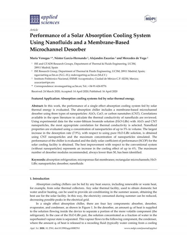 Performance Of A Solar Absorption Cooling System Using Nanofluids And A Membranebased Microchannel Desorber Mara Venegas