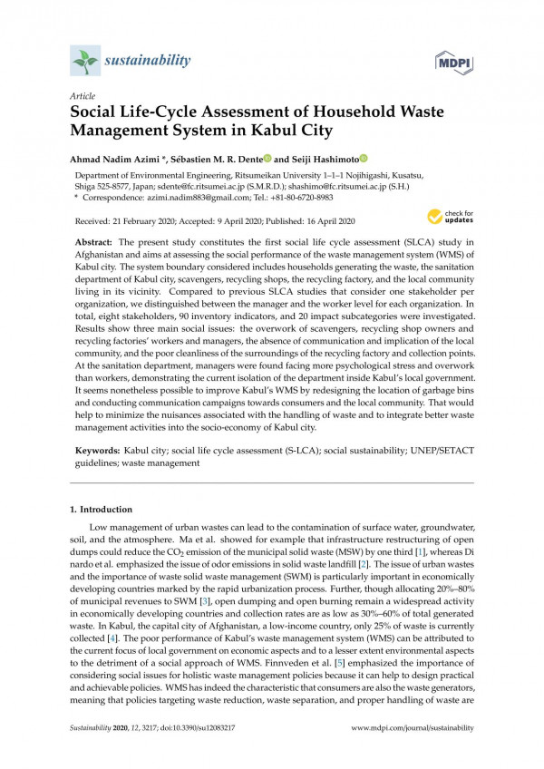 Social Lifecycle Assessment Of Household Waste Management System In Kabul City Ahmad Nadim Azimi