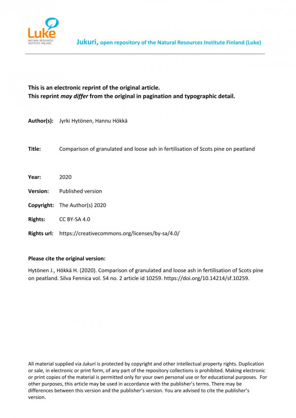 Comparison Of Granulated And Loose Ash In Fertilisation Of Scots Pine On Peatland Jyrki Hytnen