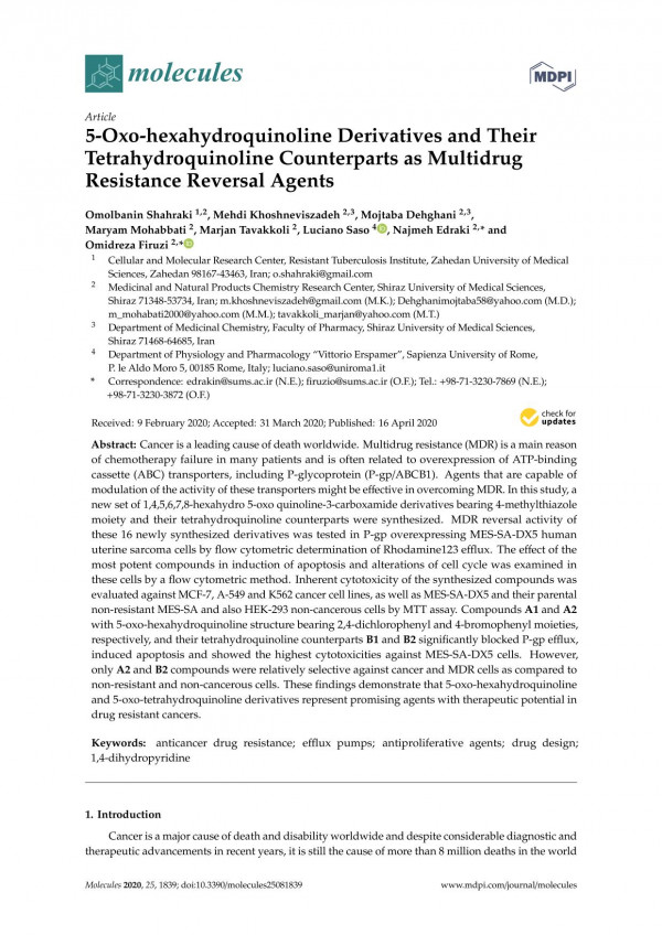5oxohexahydroquinoline Derivatives And Their Tetrahydroquinoline Counterparts As Multidrug Resistance Reversal Agents Omolbanin Shahraki