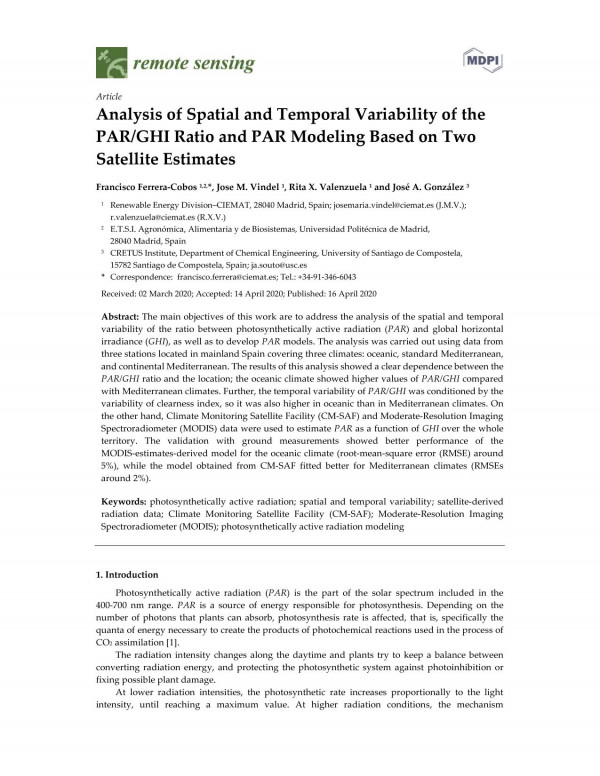 Analysis Of Spatial And Temporal Variability Of The Parghi Ratio And Par Modeling Based On Two Satellite Estimates Francisco Ferreracobos