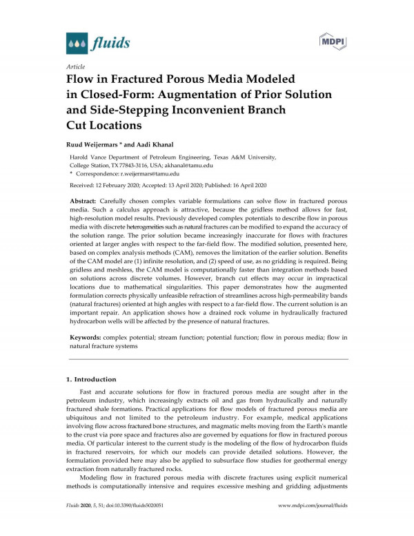 Flow In Fractured Porous Media Modeled In Closedform Augmentation Of Prior Solution And Sidestepping Inconvenient Branch Cut Locations Ruud Weijermars