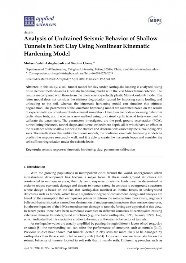 Analysis Of Undrained Seismic Behavior Of Shallow Tunnels In Soft Clay Using Nonlinear Kinematic Hardening Model Mohsen Saleh Asheghabadi