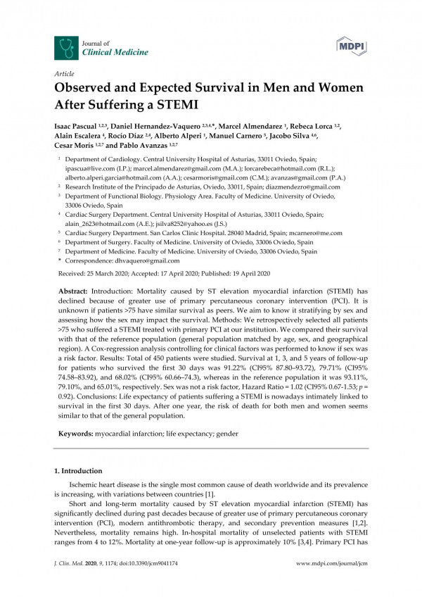 Observed And Expected Survival In Men And Women After Suffering A Stemi Isaac Pascual