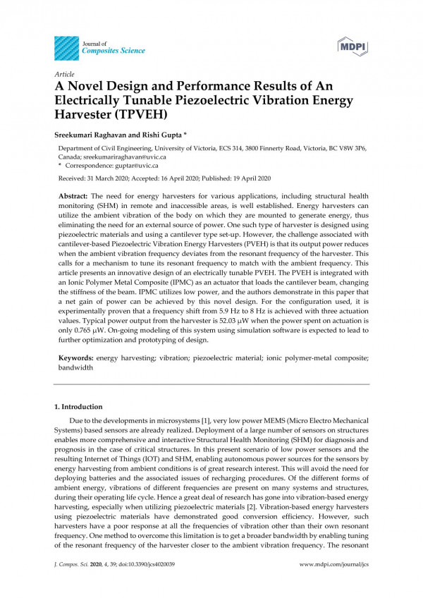 A Novel Design And Performance Results Of An Electrically Tunable Piezoelectric Vibration Energy Harvester Tpveh Sreekumari Raghavan