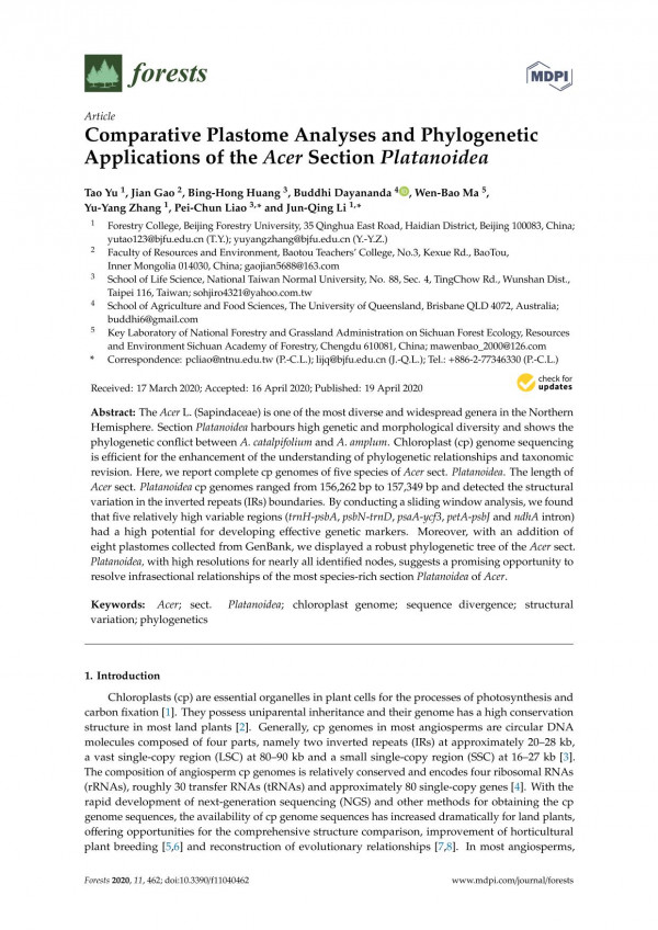 Comparative Plastome Analyses And Phylogenetic Applications Of The Acer Section Platanoidea Tao Yu