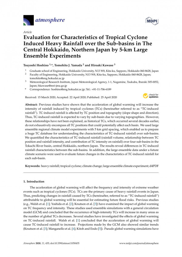 Evaluation For Characteristics Of Tropical Cyclone Induced Heavy Rainfall Over The Subbasins In The Central Hokkaido Northern Japan By 5km Large Ensemble Experiments Tsuyoshi Hoshino