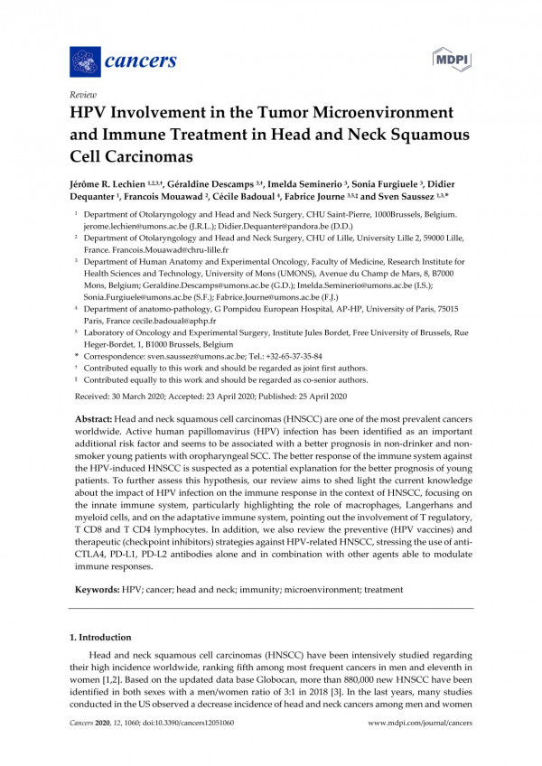 Hpv Involvement In The Tumor Microenvironment And Immune Treatment In Head And Neck Squamous Cell Carcinomas Jrme R Lechien