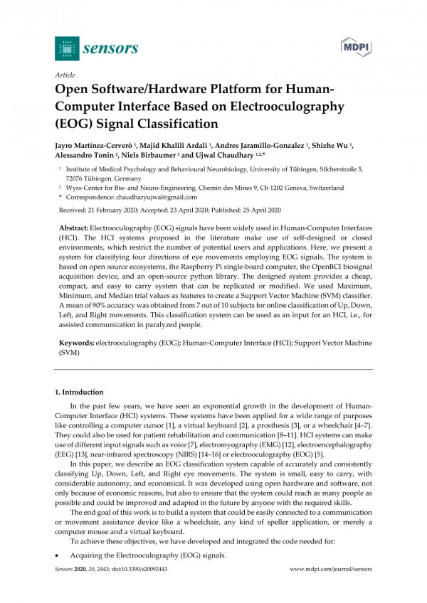 Open Softwarehardware Platform For Human Computer Interface Based On Electrooculography Eog Signal Classification Jayro Martnezcerver