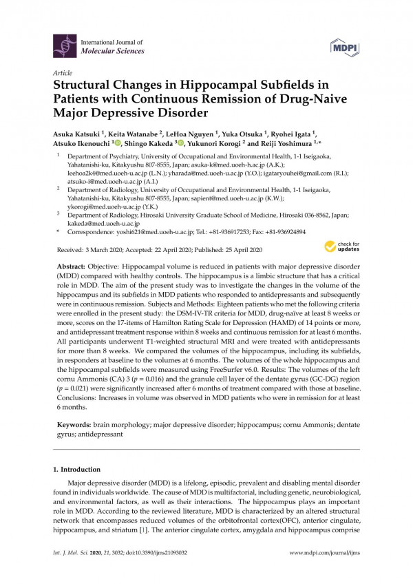 Structural Changes In Hippocampal Subfields In Patients With Continuous Remission Of Drugnaive Major Depressive Disorder Asuka Katsuki