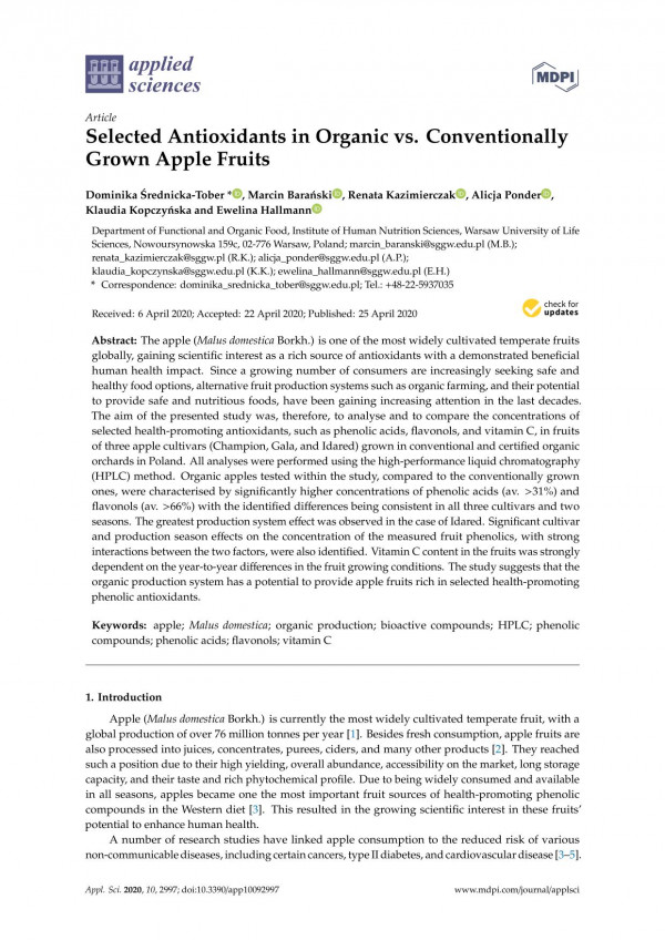Selected Antioxidants In Organic Vs Conventionally Grown Apple Fruits Dominika Rednickatober