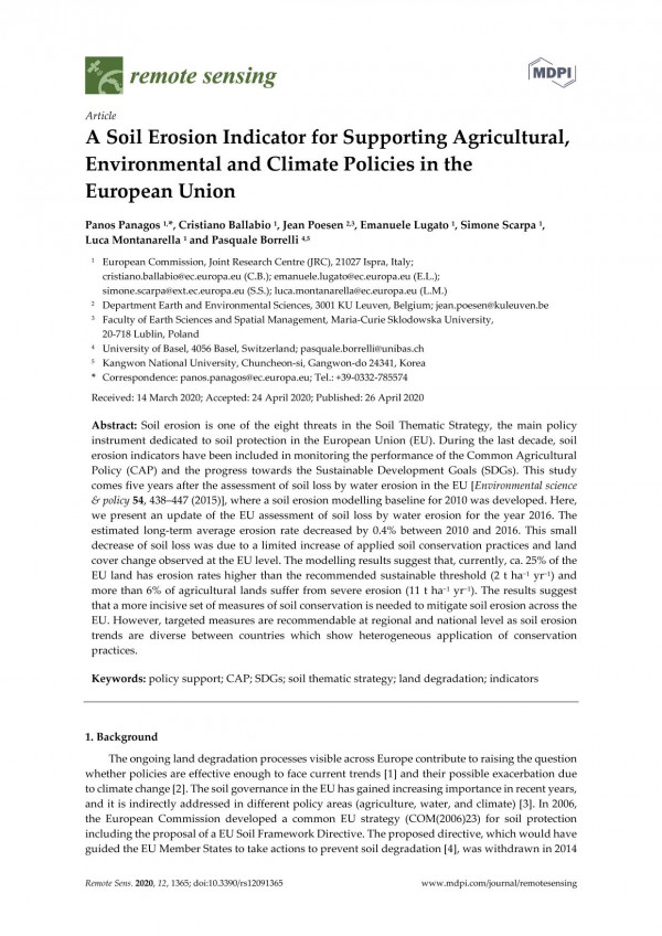 A Soil Erosion Indicator For Supporting Agricultural Environmental And Climate Policies In The European Union Panos Panagos