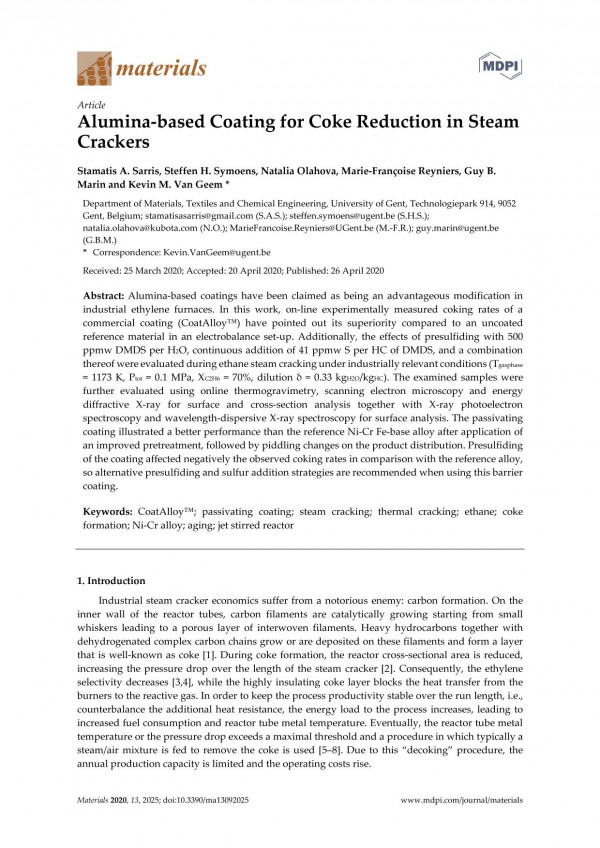 Aluminabased Coating For Coke Reduction In Steam Crackers Stamatis A Sarris
