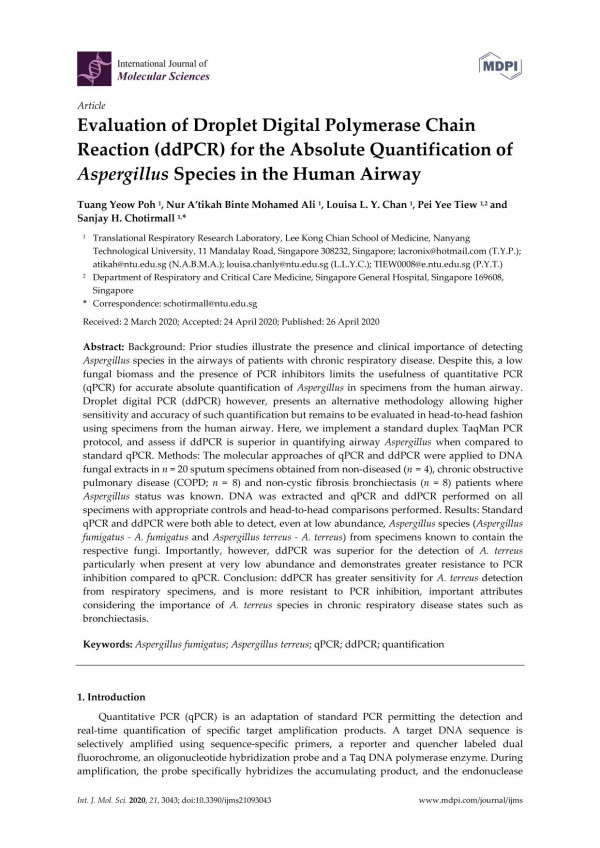 Evaluation Of Droplet Digital Polymerase Chain Reaction Ddpcr For The Absolute Quantification Of Aspergillus Species In The Human Airway Tuang Yeow Poh