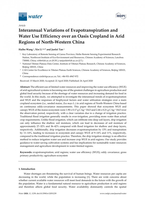 Interannual Variations Of Evapotranspiration And Water Use Efficiency Over An Oasis Cropland In Arid Regions Of Northwestern China Haibo Wang