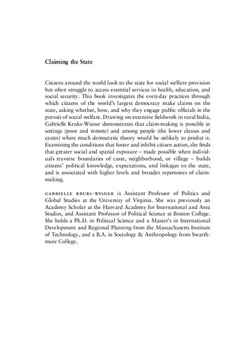 Claiming The State Active Citizenship And Social Welfare In Rural India Gabrielle Krukswisner
