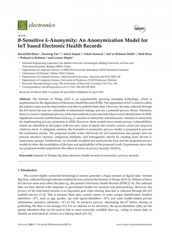 Thetasensitive Kanonymity An Anonymization Model For Iot Based Electronic Health Records Razaullah Khan