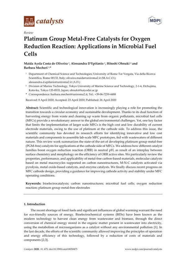 Platinum Group Metalfree Catalysts For Oxygen Reduction Reaction Applications In Microbial Fuel Cells Maida Aysla Costa De Oliveira