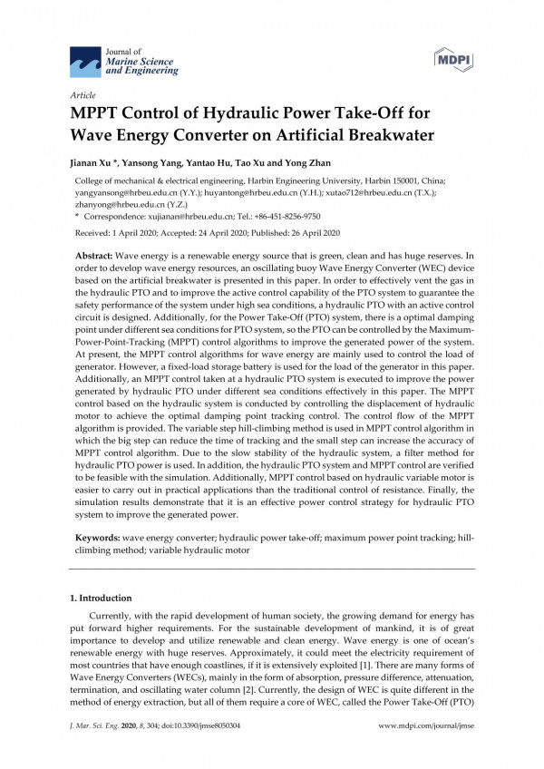 Mppt Control Of Hydraulic Power Takeoff For Wave Energy Converter On Artificial Breakwater Jianan Xu