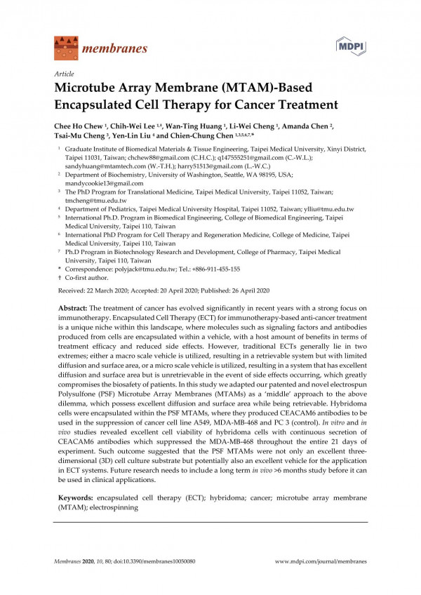 Microtube Array Membrane Mtambased Encapsulated Cell Therapy For Cancer Treatment Chee Ho Chew