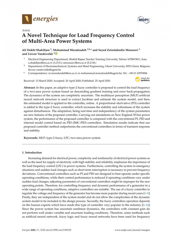 A Novel Technique For Load Frequency Control Of Multiarea Power Systems Ali Dokht Shakibjoo