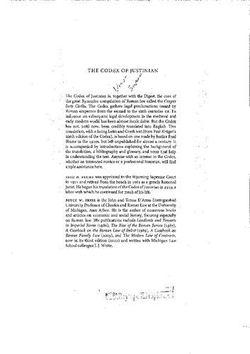 The Codex Of Justinian A New Annotated Translation With Parallel Latin And Greek Text Bruce W Frier