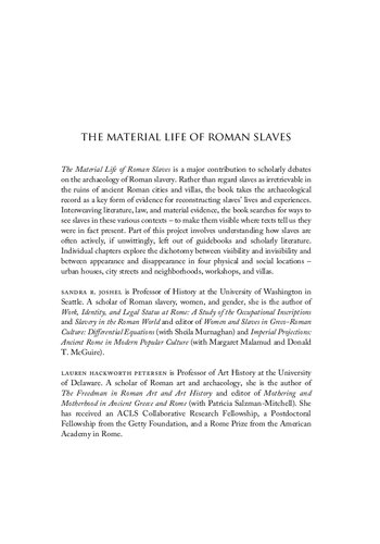 The Material Life Of Roman Slaves Sandra R Joshel Lauren Hackworth Petersen