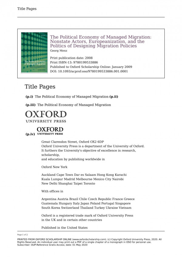 The Political Economy Of Managed Migration Nonstate Actors Europeanization And The Politics Of Designing Migration Policies Georg Menz