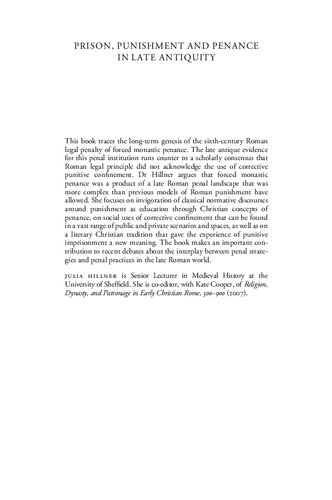Prison Punishment And Penance In Late Antiquity Julia Hillner