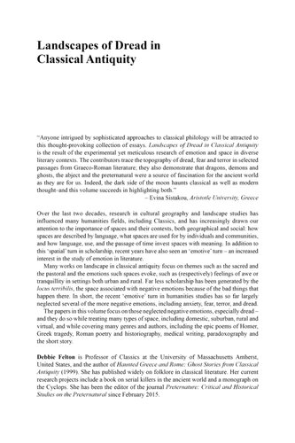 Landscapes Of Dread In Classical Antiquity Negative Emotion In Natural And Constructed Spaces Debbie Felton